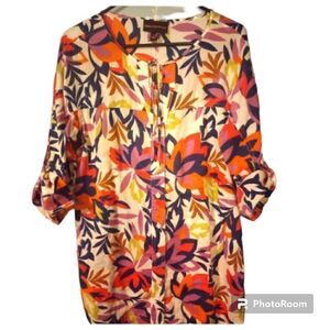 Dana Buchman floral button down with roll tab half sleeve